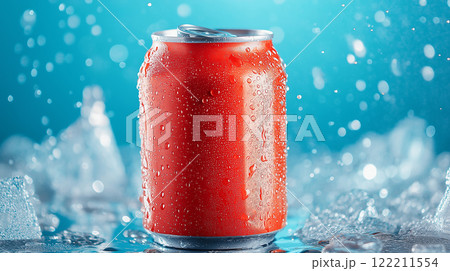 refreshing can of soda surrounded by ice and water droplets 122211554