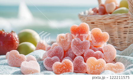 Sweet heart shaped candies create delightful scene by beach 122211575