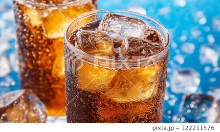 Refreshing cold drinks with ice cubes on blue background Refreshing cold drinks with ice cubes on blue background 122211576