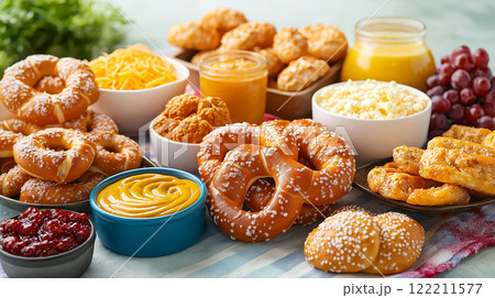 Delicious pretzels, snacks, and fresh fruits create vibrant spread 122211577