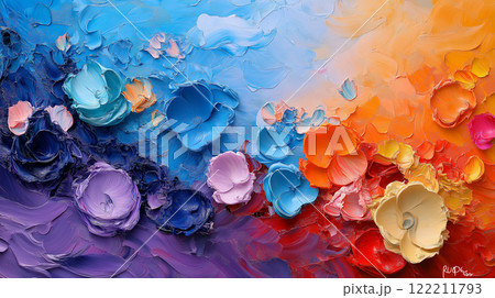 Vibrant floral painting with colorful flowers in blue, orange, and pink hues 122211793