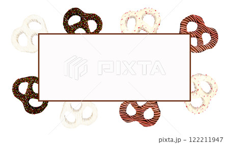 Watercolor rectangle frame with four pretzels twist covered different chocolate and decoration Watercolor rectangle frame with four pretzels twist covered different chocolate and decoration 122211947