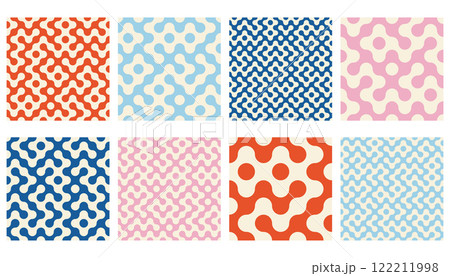 Truchet round shapes seamless pattern collection. Contemporary style geometric mosaic patterns with rounded lines. Modern tilt mosaic background set. Truchet round shapes seamless pattern collection. Contemporary style geometric mosaic patterns with rounded lines. Modern tilt mosaic background set. 122211998