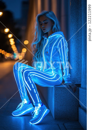 Model in glowing neon outfit poses on a city street at night, illuminated by streetlights and bright blue neon accents, creating a captivating urban ambiance 122211999