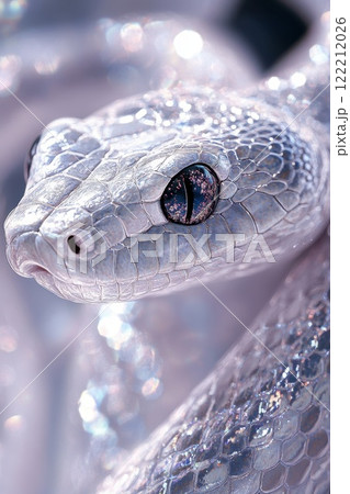 Striking close-up of a rare white snake with sparkling scales capturing the essence of its unique beauty and elegance in a natural habitat 122212026