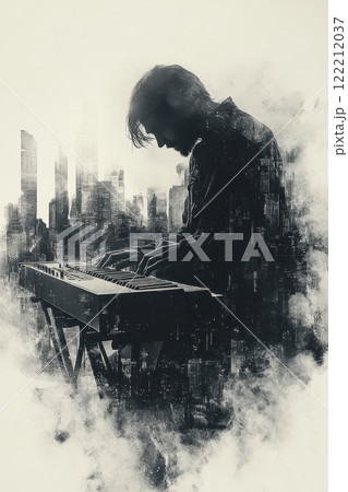 Musician playing keyboard amidst a city skyline during a misty evening Musician playing keyboard amidst a city skyline during a misty evening 122212037