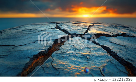 Cracked earth under a dramatic sky at sunset near the ocean 122212059