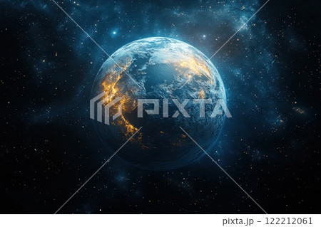 Exploring the vibrant beauty of a distant planet surrounded by cosmic wonders in a stunning illustration of space 122212061