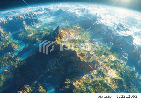 Stunning aerial view of a vibrant landscape with mountains, rivers, and lush greenery under a bright sky during the day 122212062