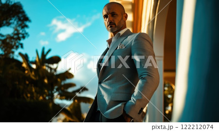 Sophisticated man posing elegantly outdoors in a stylish gray suit against a tropical backdrop during golden hour 122212074