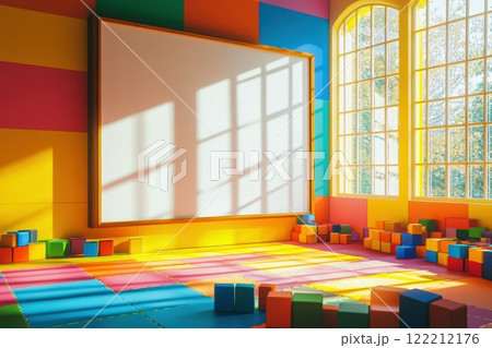 Colorful playroom filled with building blocks and sunlight streaming through large windows in a children's activity space 122212176
