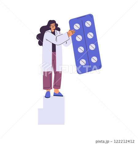 Woman Scientist Character in Coat Standing with Blister Pack Vector Illustration Woman Scientist Character in Coat Standing with Blister Pack Vector Illustration 122212412
