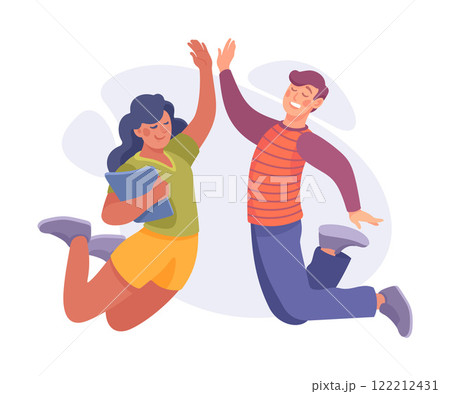 Cheerful Man and Woman Student Character Jump with Joy Vector Illustration 122212431