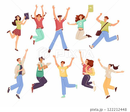 Rejoiced Man and Woman Student Character Jump with Joy Vector Illustration Set 122212448
