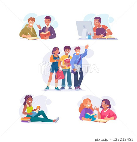 Man and Woman Student Character Prepare for Exam and Learn Lesson Vector Illustration Set 122212453