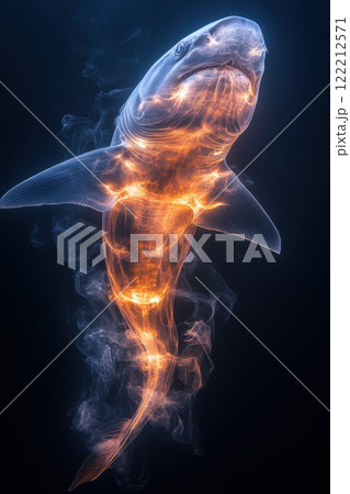 Detailed artistic rendering of a native warriors profile with intricate feather headdress and skeletal structure set against a dark background 122212571