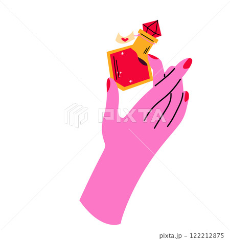 The hand holds the potion. Magic and witchcraft. 122212875