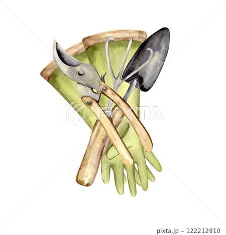 Watercolor illustration of gardening tools 122212910