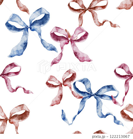 Watercolor red, pink and blue bows seamless pattern. Hand-drawn gift bow isolated on white background. Holiday illustration for design, print, fabric or background. Watercolor red, pink and blue bows seamless pattern. Hand-drawn gift bow isolated on white background. Holiday illustration for design, print, fabric or background. 122213067