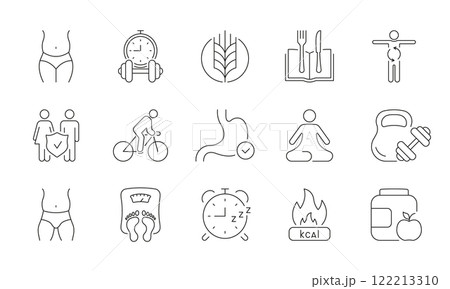 Exercise, Nutrition, Wellness Line Icon Set for Healthy Living. Calorie Burning and Weight Loss Concept. Yoga, Cycling, Workout Symbols. Editable Stroke. Isolated Vector Illustration Exercise, Nutrition, Wellness Line Icon Set for Healthy Living. Calorie Burning and Weight Loss Concept. Yoga, Cycling, Workout Symbols. Editable Stroke. Isolated Vector Illustration 122213310