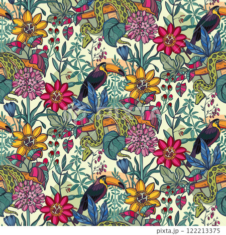 Vector seamless pattern with tropical plants and flowers, wild exotic birds. 122213375