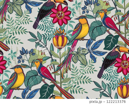 Vector seamless pattern with tropical plants and flowers, wild exotic birds. 122213376