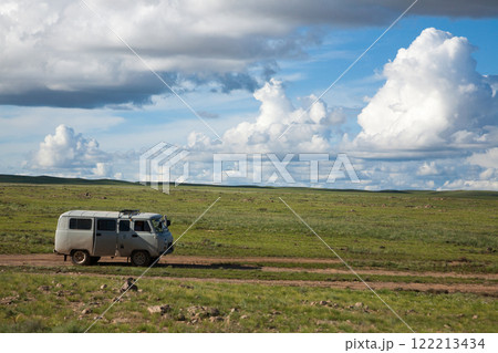Off-road vehicles in remote region of Mongolia. Gobi desert area 122213434