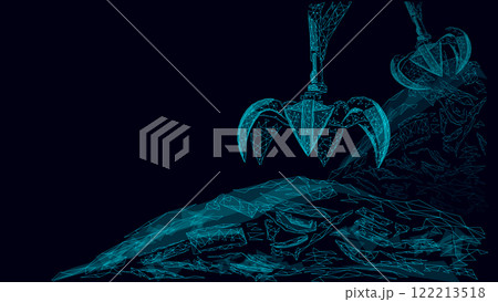 3d Waste crane arm claw. Low poly polygonal garbage landfill industrial eco banner. Planet global pollution grabber ecology vector illustration 122213518