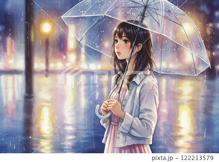雨の夜、透明な傘を持つ切ない表情の女性のイラスト素材 [122213579