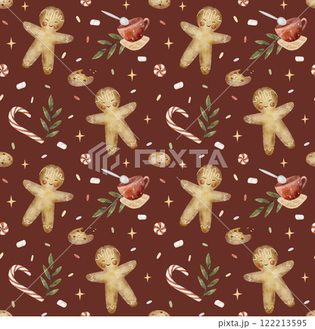 Watercolor seamless pattern gingerbread man, candies, lollipops, oatmeal cookies. Illustration in children New Year style. Christmas print on burgundy background for textiles fabrics packaging clothes Watercolor seamless pattern gingerbread man, candies, lollipops, oatmeal cookies. Illustration in children New Year style. Christmas print on burgundy background for textiles fabrics packaging clothes 122213595