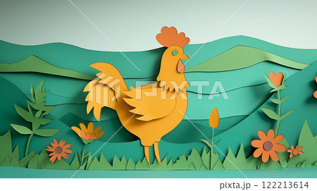 Paper cut design of chicken han rooster cock, colorful and vibrant card children, copy space banner 122213614