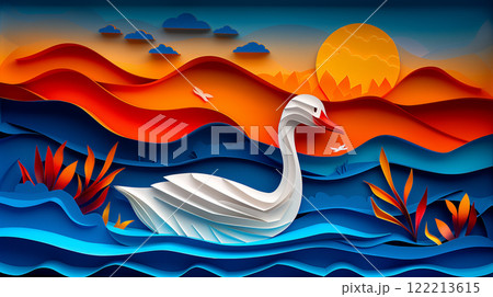 Paper cut design of swan, goose, colorful vibrant card for children, copy space banner 122213615