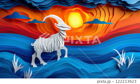 Paper cut design of goat, colorful vibrant card for children, copy space banner 122213623