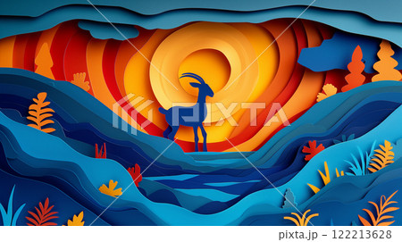 Paper cut design of goat, colorful vibrant card for children, copy space banner 122213628