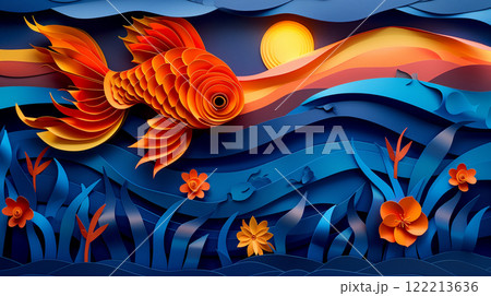Paper cut design of fish, colorful vibrant card for children, copy space banner 122213636