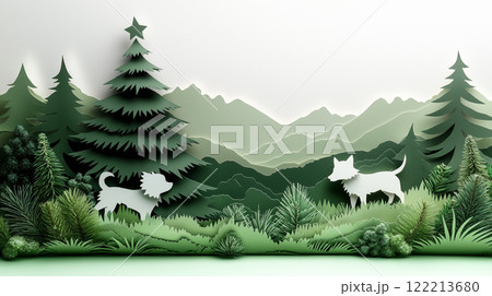 Banner with copy space, paper cut design, dog and Christmas tree, New Year Banner with copy space, paper cut design, dog and Christmas tree, New Year 122213680