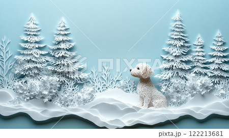 Banner with copy space, paper cut design, dog and Christmas tree, New Year Banner with copy space, paper cut design, dog and Christmas tree, New Year 122213681