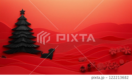 Banner with copy space, paper cut design, dog and Christmas tree, New Year 122213682