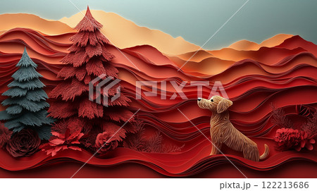 Banner with copy space, paper cut design, dog and Christmas tree, New Year Banner with copy space, paper cut design, dog and Christmas tree, New Year 122213686