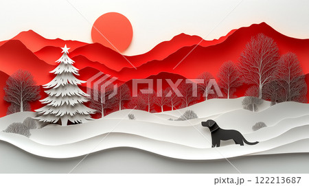Banner with copy space, paper cut design, dog and Christmas tree, New Year Banner with copy space, paper cut design, dog and Christmas tree, New Year 122213687