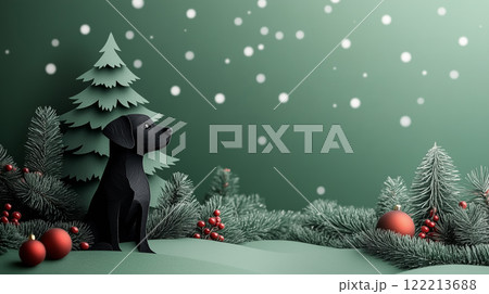 Banner with copy space, paper cut design, dog and Christmas tree, New Year Banner with copy space, paper cut design, dog and Christmas tree, New Year 122213688