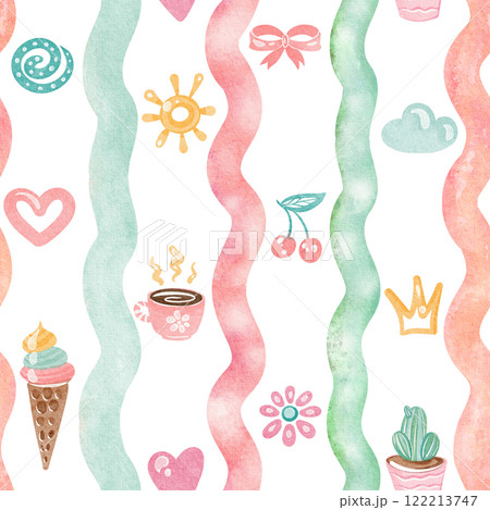 Summer seamless pattern with a playful theme, featuring clouds, hearts, and sun. Doodle art with rainbows, cherries, and flowers. Perfect for a nursery or childrens room wallpaper. Summer seamless pattern with a playful theme, featuring clouds, hearts, and sun. Doodle art with rainbows, cherries, and flowers. Perfect for a nursery or childrens room wallpaper. 122213747
