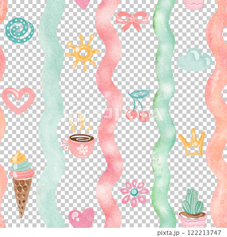 Summer seamless pattern with a playful theme, featuring clouds, hearts, and sun. Doodle art with rainbows, cherries, and flowers. Perfect for a nursery or childrens room wallpaper. Summer seamless pattern with a playful theme, featuring clouds, hearts, and sun. Doodle art with rainbows, cherries, and flowers. Perfect for a nursery or childrens room wallpaper. 122213747