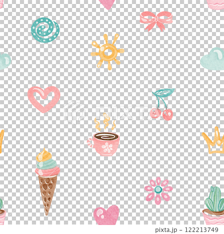 Seamless watercolor pattern with cute rainbow, butterflies, and flowers. Illustration for children's wallpaper or nursery textile design. Retro cartoon ornament for kids' bedding or wrapping paper. 122213749