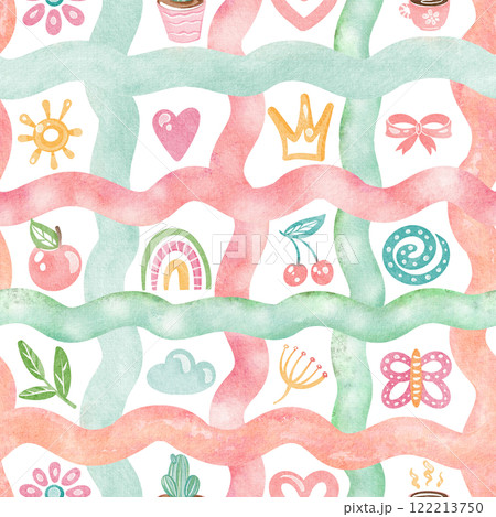 Cute checkered seamless doodle pattern illustration. Naive cartoon design with rainbow, butterfly, sun for nursery wallpaper or kindergarten decor. For children products or preschool backgrounds. Cute checkered seamless doodle pattern illustration. Naive cartoon design with rainbow, butterfly, sun for nursery wallpaper or kindergarten decor. For children products or preschool backgrounds. 122213750