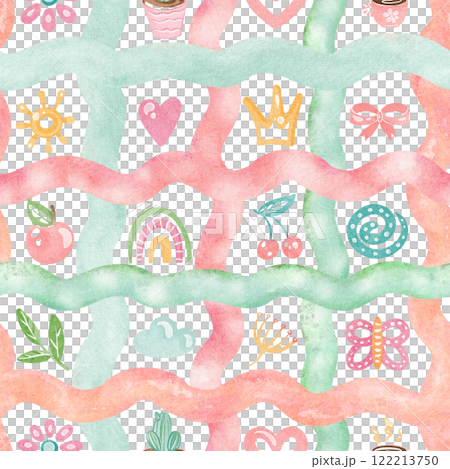 Cute checkered seamless doodle pattern illustration. Naive cartoon design with rainbow, butterfly, sun for nursery wallpaper or kindergarten decor. For children products or preschool backgrounds. Cute checkered seamless doodle pattern illustration. Naive cartoon design with rainbow, butterfly, sun for nursery wallpaper or kindergarten decor. For children products or preschool backgrounds. 122213750