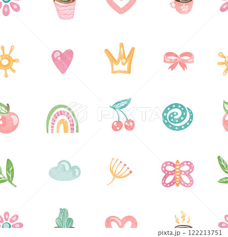 Seamless watercolor pattern with cute rainbow, butterflies, and flowers. Illustration for children's wallpaper or nursery textile design. Retro cartoon ornament for kids' bedding or wrapping paper. Seamless watercolor pattern with cute rainbow, butterflies, and flowers. Illustration for children's wallpaper or nursery textile design. Retro cartoon ornament for kids' bedding or wrapping paper. 122213751