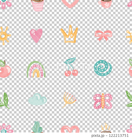 Seamless watercolor pattern with cute rainbow, butterflies, and flowers. Illustration for children's wallpaper or nursery textile design. Retro cartoon ornament for kids' bedding or wrapping paper. Seamless watercolor pattern with cute rainbow, butterflies, and flowers. Illustration for children's wallpaper or nursery textile design. Retro cartoon ornament for kids' bedding or wrapping paper. 122213751