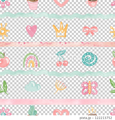 Summer seamless pattern with a playful theme, featuring clouds, hearts, and sun. Doodle art with rainbows, cherries, and flowers. Perfect for a nursery or children room wallpaper. Summer seamless pattern with a playful theme, featuring clouds, hearts, and sun. Doodle art with rainbows, cherries, and flowers. Perfect for a nursery or children room wallpaper. 122213752