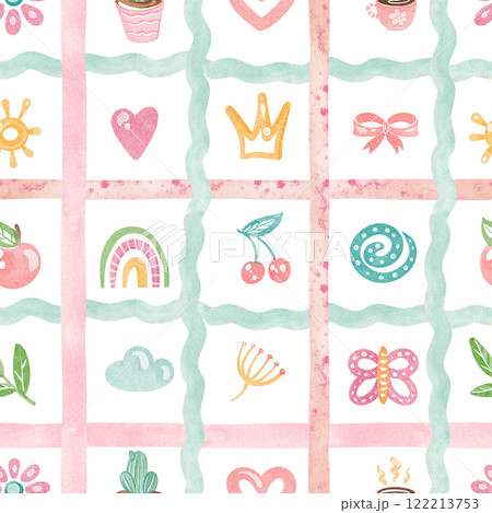 Cute checkered seamless doodle pattern illustration. Naive cartoon design with rainbow, butterfly, sun for nursery wallpaper or kindergarten decor. For children s products or preschool backgrounds. Cute checkered seamless doodle pattern illustration. Naive cartoon design with rainbow, butterfly, sun for nursery wallpaper or kindergarten decor. For children s products or preschool backgrounds. 122213753